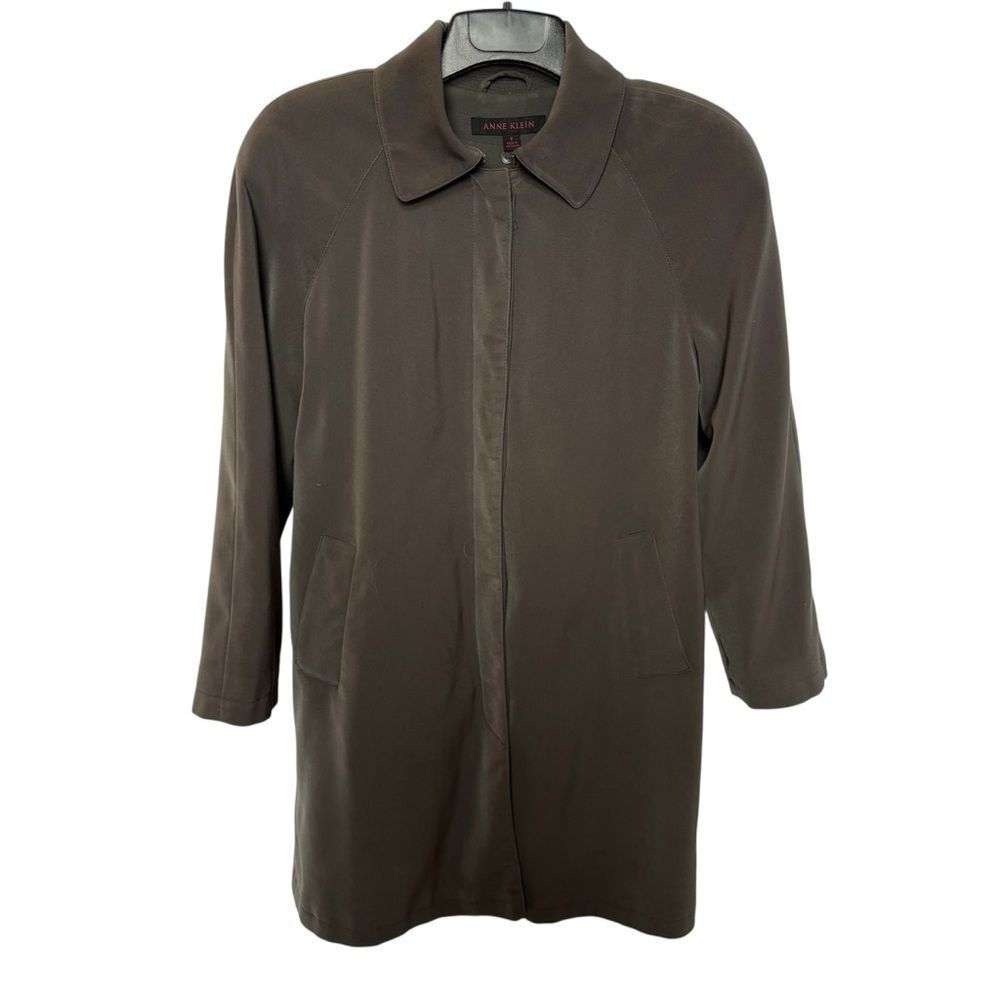 Anne Klein Women's Trench Coat Dark Olive Green Full Hidden Button Size 8